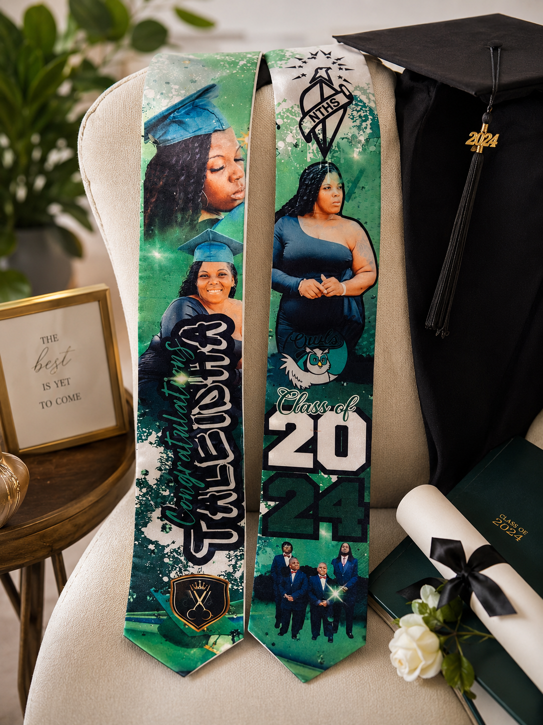 Personalized graduation stole featuring custom photos, graduation year, school logo, and student achievements printed on a satin stole for commencement ceremonies.