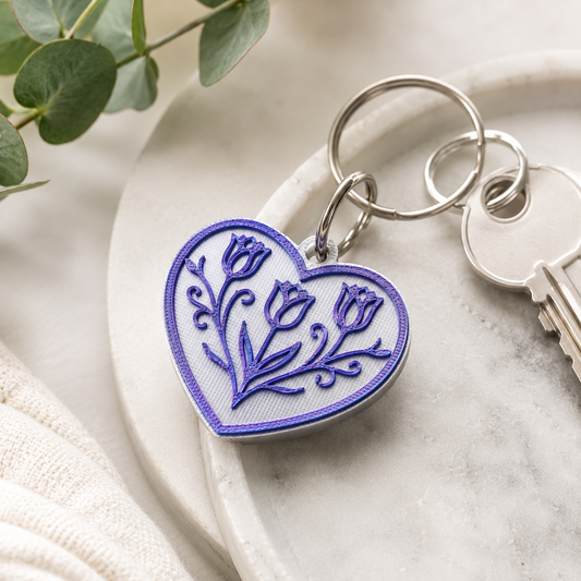 Silk PLA Floral Heart Keychain – Silver & Ocean Bloom Edition