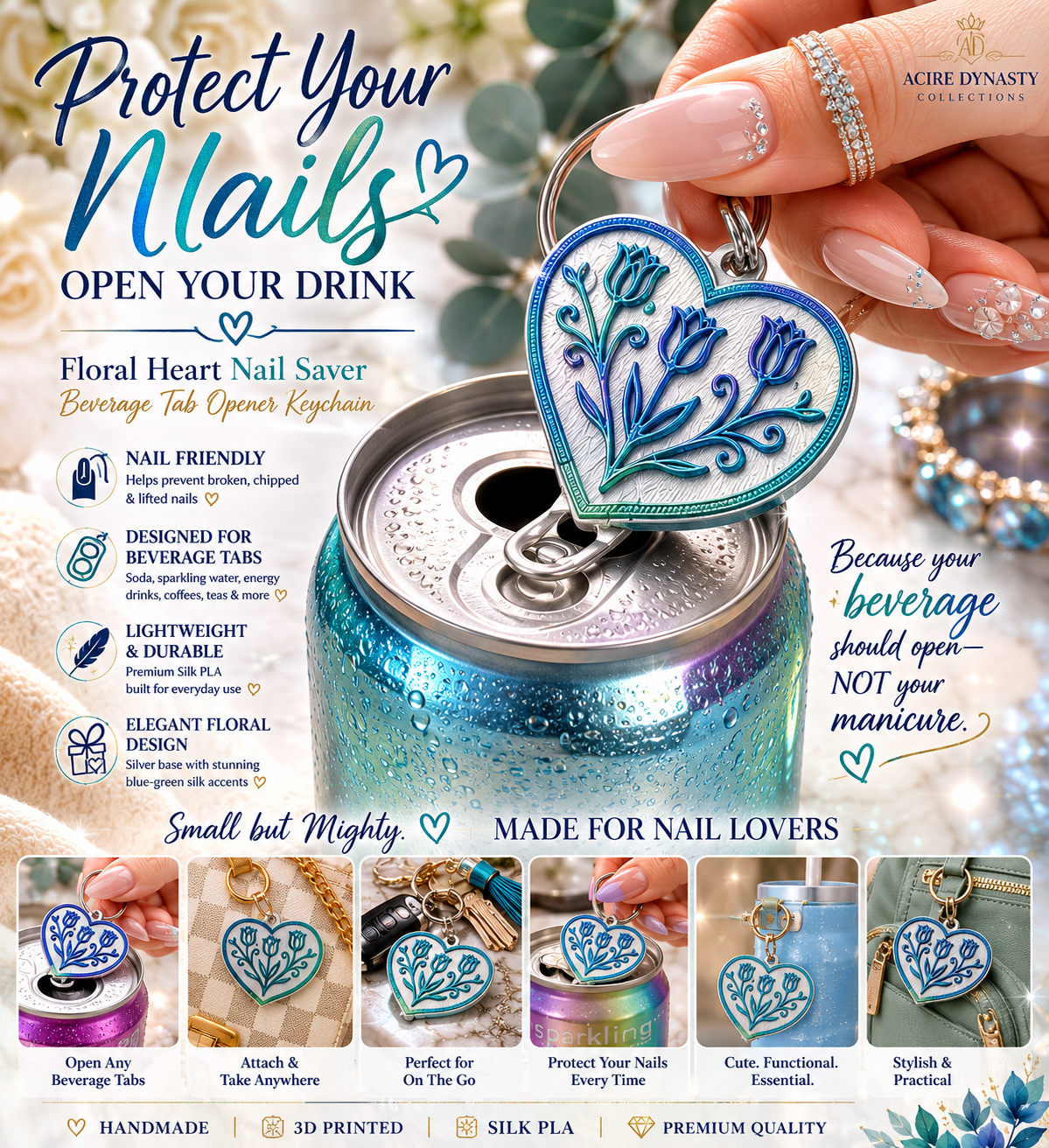 Silk PLA Floral Heart Keychain – Silver & Ocean Bloom Edition