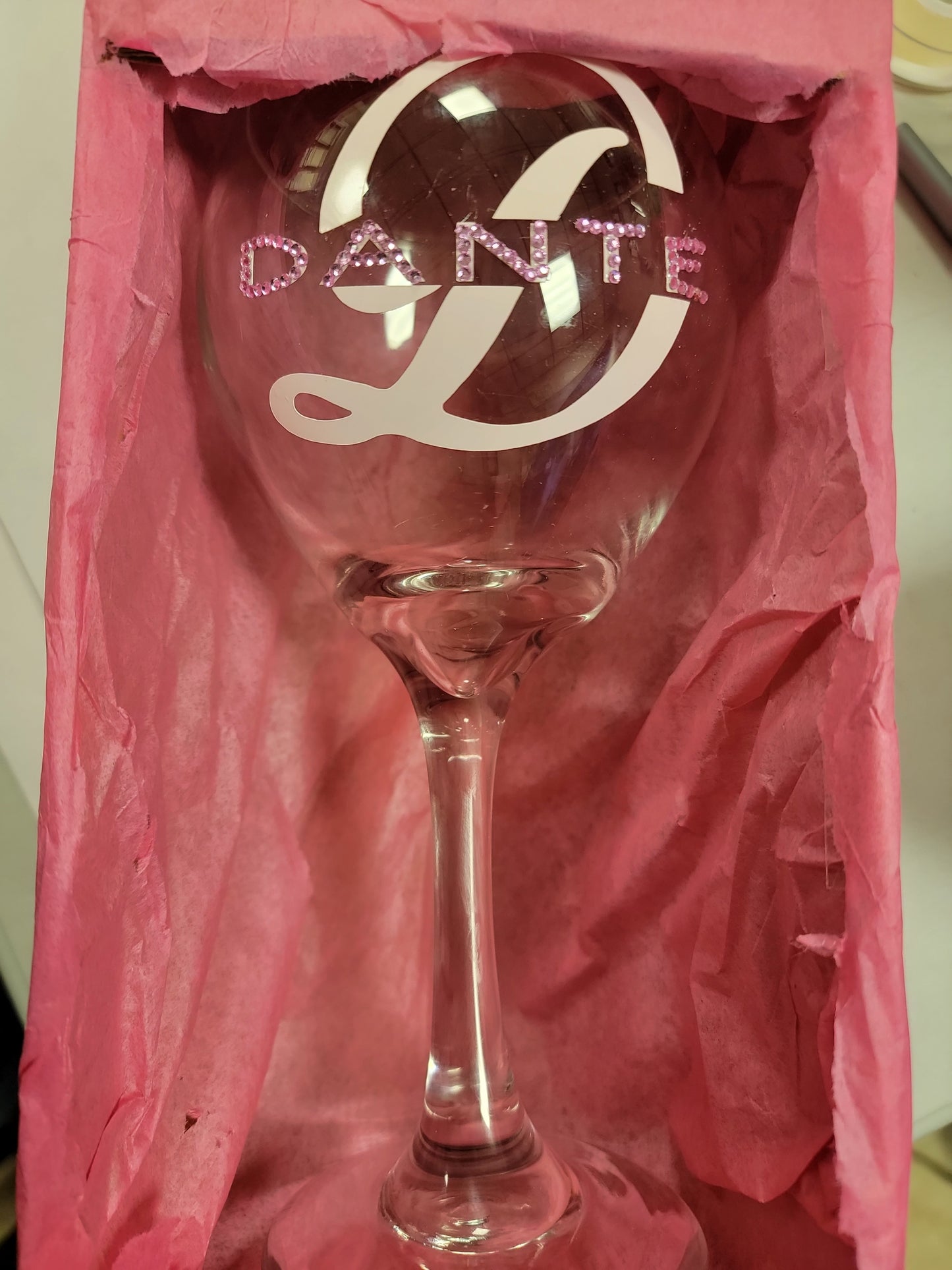 Wine glass with Rhinestone name Monogram