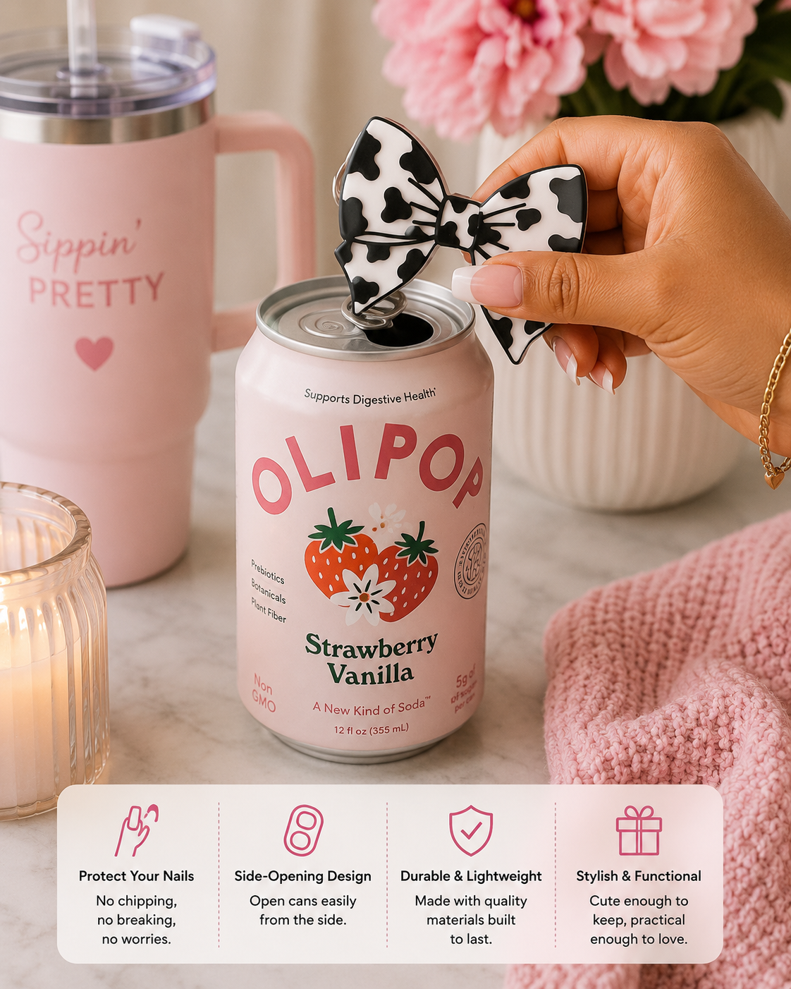 Cow Print Bow Nail Saver™ Can Opener | 3D Printed Can Tab Opener